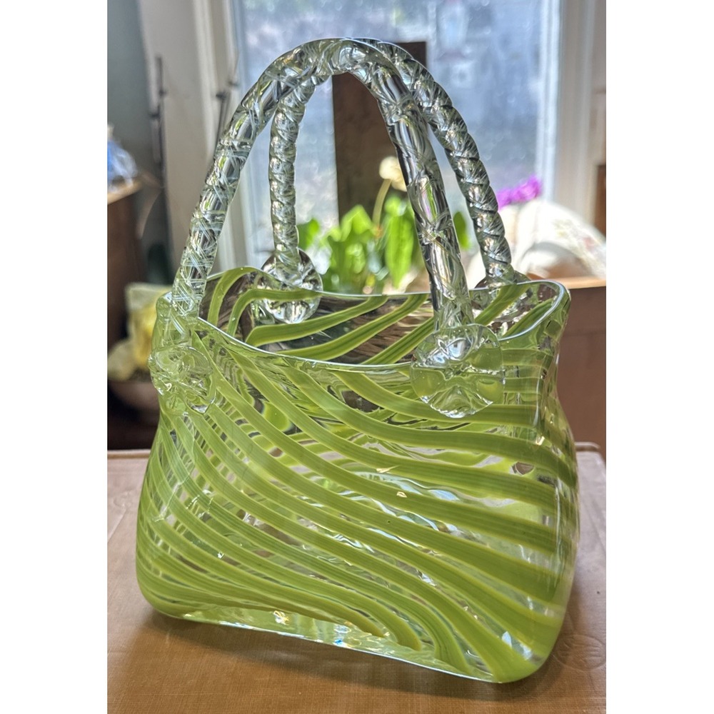 Murano Style Glass Purse/Vase Vintage Hand Blown Art Green Stripe ki
